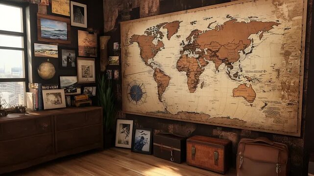 Vintage world map in cozy room with travel decor