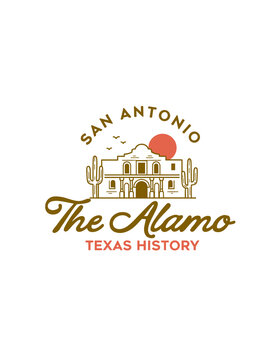 Historical alamo building illustration with cacti and sun symbol on transparent background