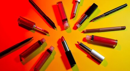 A collection of lipsticks and pencils arranged in a circular pattern on a vibrant yellow and red background