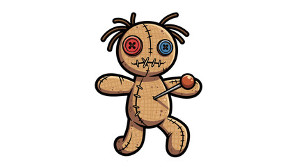 Obraz premium Scary Voodoo Doll with Red and Blue Eyes and Pin Stabbed Isolated on Transparent Background for Halloween Concept