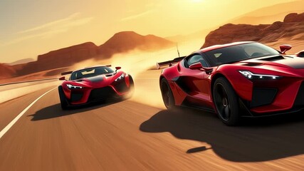 Two super-stylish new racing cars race along the sunny desert highway in the desert, clouds of dust, dynamics and sparks