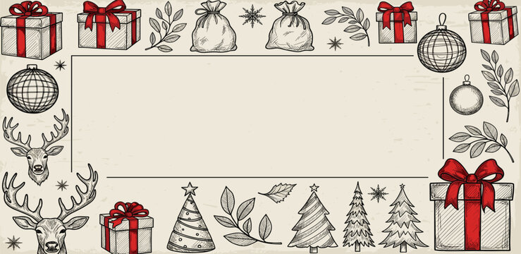 Elegant Vintage Christmas Frame Design Adorned with Traditional Winter Holiday Decorations and Gifts, Perfect for Seasonal Greetings and Festive Invitations