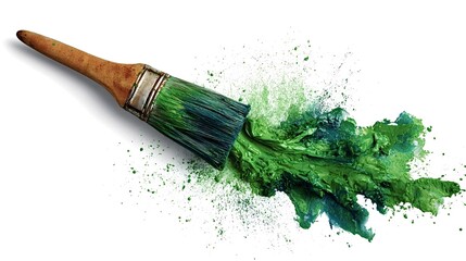 Paintbrush spreading textured green paint in an energetic splash, representing creativity, artistic expression, and environmental concepts against a clean white backdrop