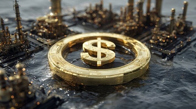 Golden dollar sign coin placed in dark water, surrounded by industrial oil rigs and platforms, symbolizing global finance, energy industry, and natural resource wealth