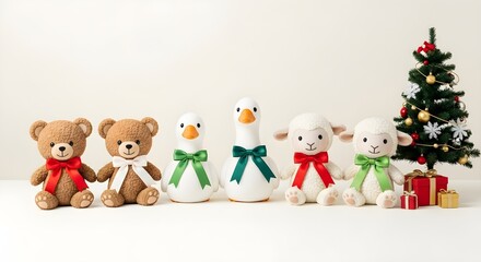 Stuffed animal toys with christmas tree and gifts on white backdrop