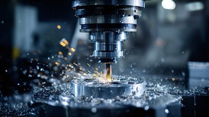 Industrial cnc milling machine processing a metal workpiece, creating sparks and metal shavings while coolant liquid sprays, representing precision manufacturing and automation in a workshop