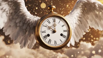 Vintage pocket watch with angelic wings floating in ethereal clouds - Powered by Adobe