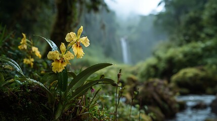 Yellow orchids in the foreground with a waterfall and lush greenery in the background in a tropical forest