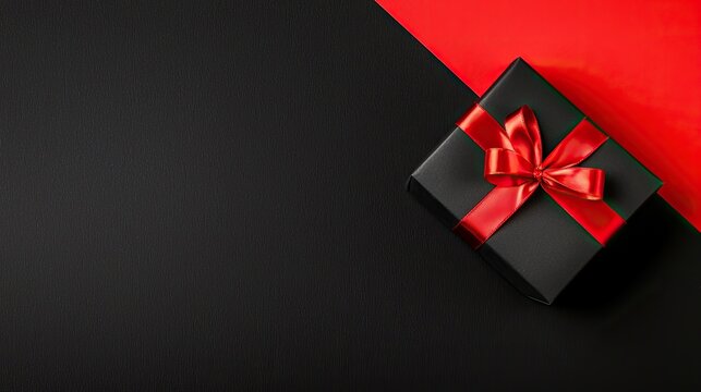 A beautifully wrapped gift box in black with a shiny red ribbon sits on a bold black and red background, creating an elegant display - Powered by Adobe