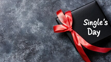 Obraz premium Black gift box with a red ribbon sits on a dark textured surface, celebrating Single's Day with festive spirit and excitement