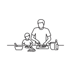 Father and child preparing food together in a kitchen