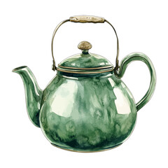 Watercolor Rustic Green Ceramic Teapot Kettle Vector Clipart
