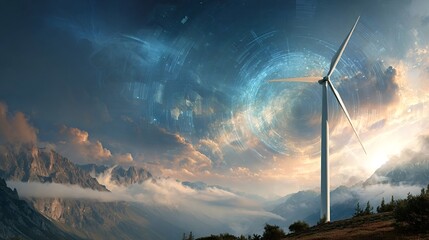 Wind turbine standing on a mountain peak. Generating renewable energy with an overlay of a futuristic digital network. Symbolizing the integration of technology and sustainability for a greener future