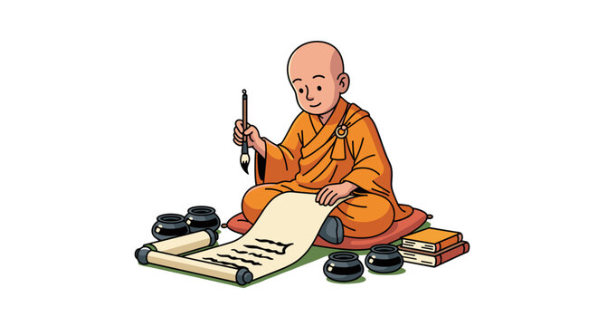 Young Buddhist monk writing ancient calligraphy with ink pots isolated on transparent background