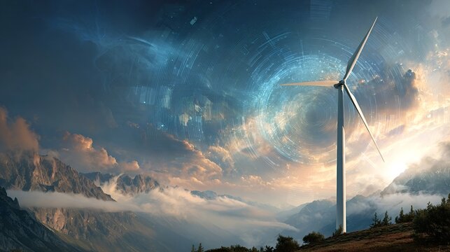 Wind turbine standing on a mountain peak. Generating renewable energy with an overlay of a futuristic digital network. Symbolizing the integration of technology and sustainability for a greener future