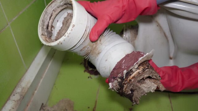 clogged toilet corrugation, plumber holds clogged toilet corrugation, toilet repair and cleaning