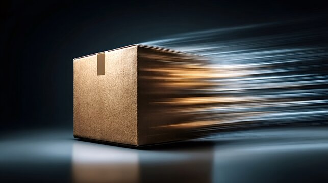 Cardboard box moving with strong motion blur, visualizing fast delivery, express shipping, and efficient logistics for e commerce and global parcel services