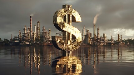 Golden dollar sign standing in water with oil refinery and industrial factories in the background, representing the complex relationship between finance, industry, economy, and environmental impact