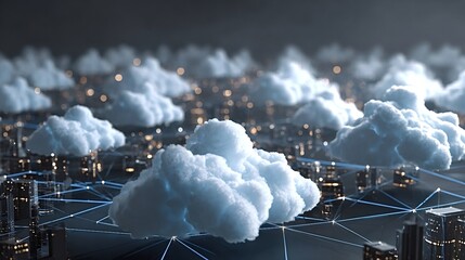 Clouds representing connected servers floating above a futuristic city skyline, illustrating global cloud computing, data transfer, and digital network infrastructure across an urban landscape