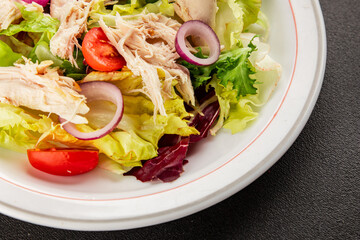 Salad chicken meat and vegetables tomato, green leaf lettuce, onion natural product tasty snack fresh delicious gourmet food background on the table rustic top view copy space keto and paleo diet