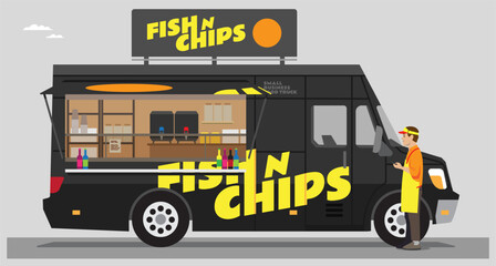 Black Fish and Chips Food Truck with Vendor and vertical ad standing