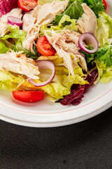 Salad chicken meat and vegetables tomato, green leaf lettuce, onion natural product tasty snack fresh delicious gourmet food background on the table rustic top view copy space keto and paleo diet