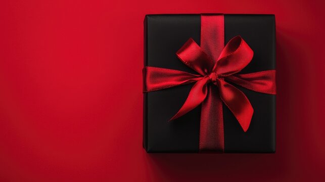 A beautifully wrapped black gift box featuring a vibrant red ribbon stands out against a striking red backdrop, perfect for celebrations