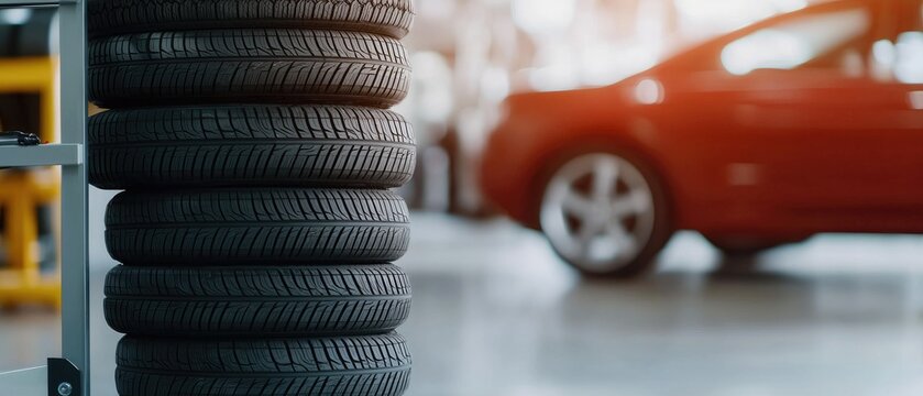 Several new tires are stacked neatly near a polished car in a bright, organized workshop space