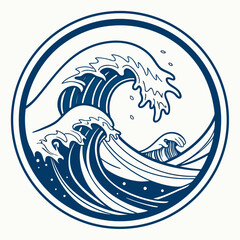 Stylized Blue Wave Illustration in a Circular Frame ocean water