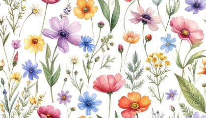 Watercolor Wildflower Meadow Pattern, Delicate Floral Design, Botanical Illustration.