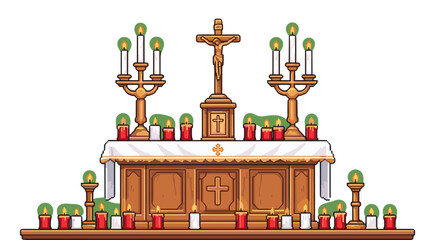 Sacred Altar with Illuminated Candles and Crucifixion Symbol for Devotional Worship and Spiritual Reflection Isolated on Transparent Background