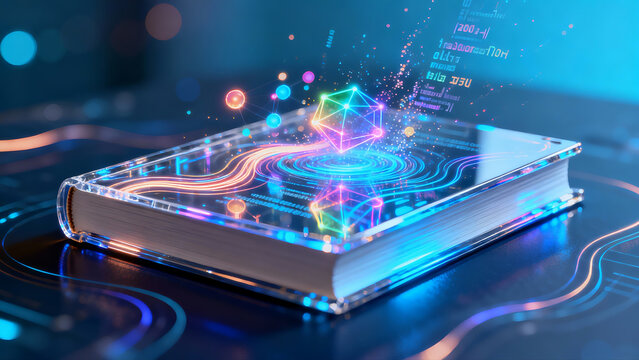 Book Glowing Knowledge Nodes AI Digital Learning Education