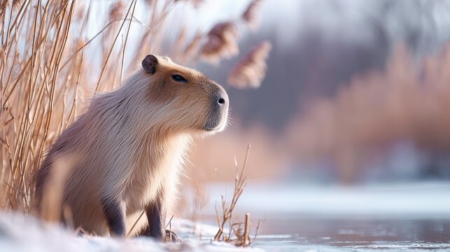 Capybara sitting by frozen water in winter landscape  