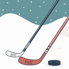 Two Hockey Sticks and Puck on Snowy Background with Falling Snow ice hockey
