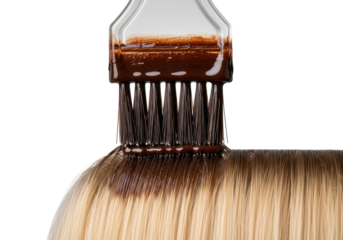 Extreme close-up macro of a hair colorist's brush applying rich dark brown dye to light blonde hair roots with new growth on a clean gray background, professional hair transformation concept
