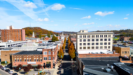 Main Street Johnson city Tennessee with colorful trees in the fall 