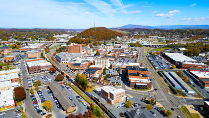 Historic downtown johnson city Tennessee with train and fall foliage 