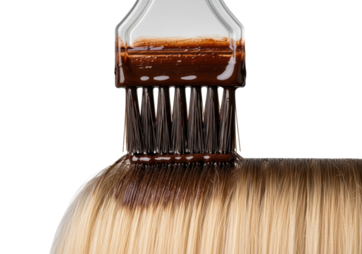 Extreme close-up macro of a hair colorist's brush applying rich dark brown dye to light blonde hair roots with new growth on a clean gray background, professional hair transformation concept