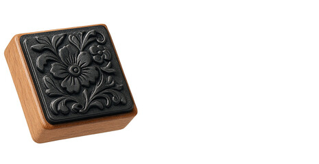 Elegant decorative stamp block featuring intricate black floral swirl pattern on wooden base, perfect for crafts, scrapbooking and handmade design projects, isolated on transparent background, PNG.