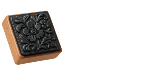 Elegant decorative stamp block featuring intricate black floral swirl pattern on wooden base, perfect for crafts, scrapbooking and handmade design projects, isolated on transparent background, PNG.