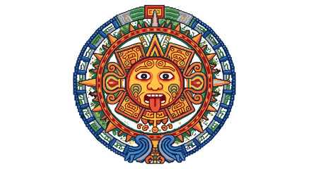 Ancient Aztec Sun Stone Calendar Symbol with Funny Face Tongue Out Isolated on Transparent Background