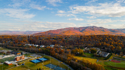 Houses with beautiful fall foliage behind them on a mountain 