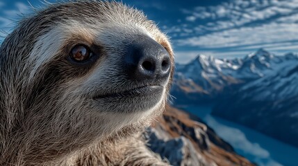 Fototapeta premium sloth smile at the top of snow mountain, happy winter day