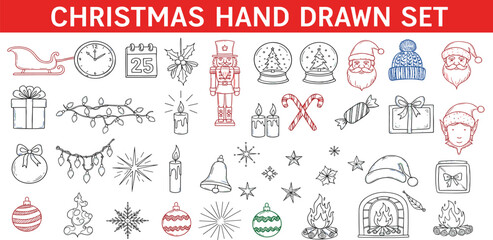 Naklejka premium Christmas hand-drawn illustrations featuring festive elements and holiday symbols for seasonal design projects