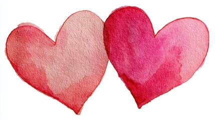 2 watercolor heart, pastel pink, with thin red outline 