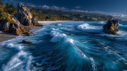 dreamy beautiful blue ocean with white wave surround with mountain landscape 