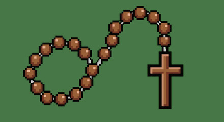 Close-up of a pixel art rosary with a wooden cross isolated on transparent background symbolizing prayer and faith