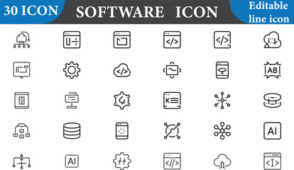 Software icon set isolated on white background, editable line icon style
