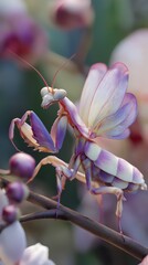 A beautiful Orchid Mantis posing gracefully, showcasing its delicate petal-like body and soft pastel colors. The image highlights the insect’s elegance and natural camouflage, 