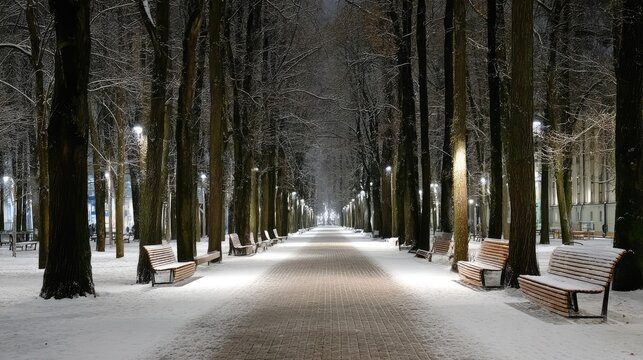Snow covers the ground in a serene park where benches run along the path, illuminated by warm streetlights in the evening glow